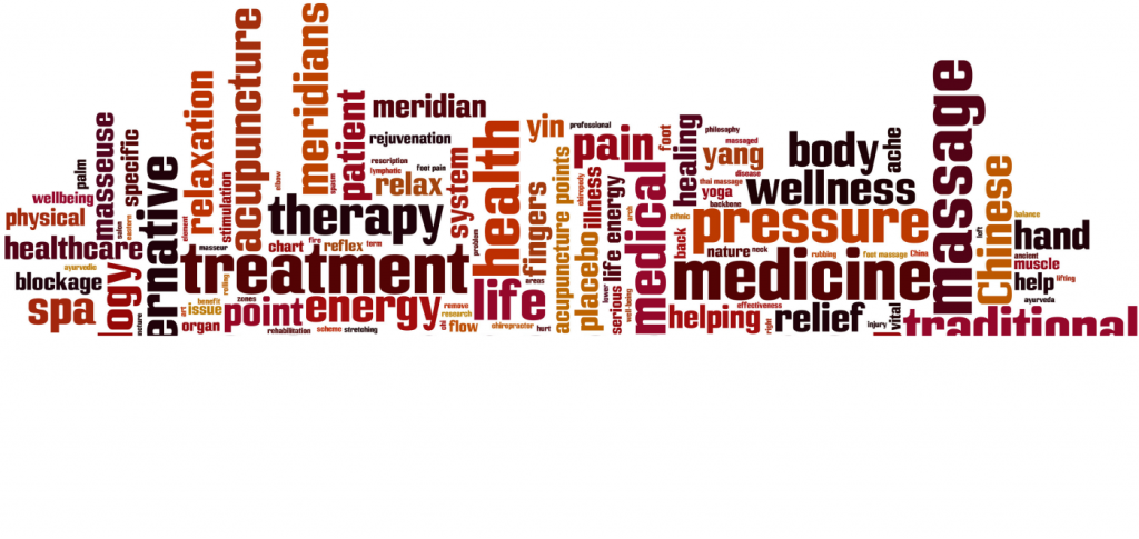 A collage of words, such as therapy, treatment, health, medicine, pressure, massage, body, and more.